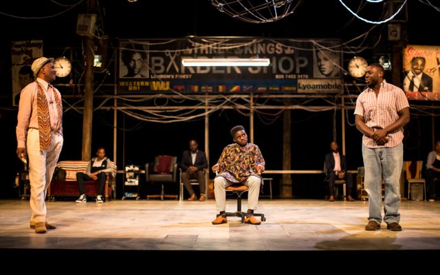 Patrice Naiambana, Kenneth Omole, and Ekow Quartey in Barber Shop Chronicles.