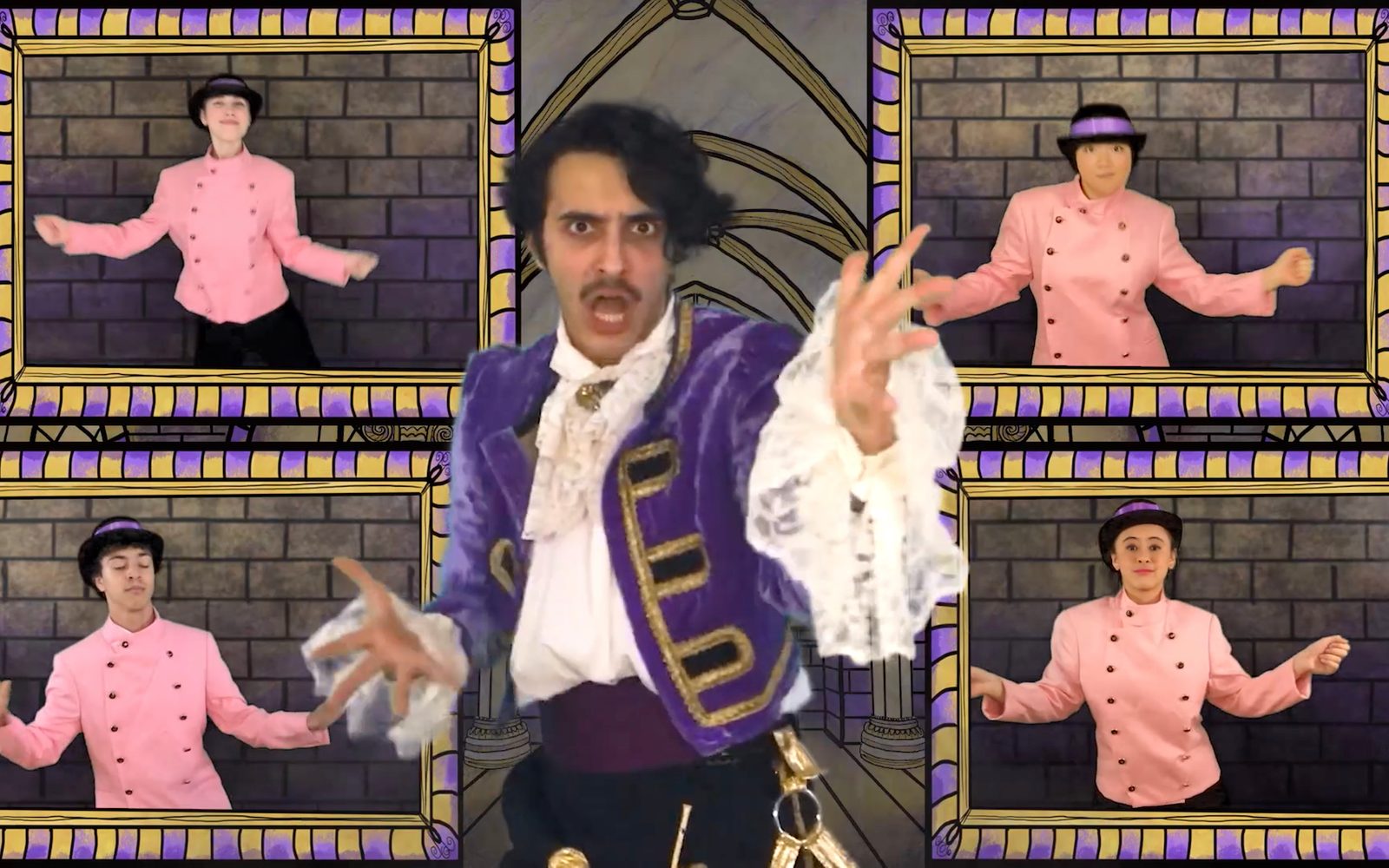 Louis Zekowski as King Giant with (clockwise from top left) Sophie Bauder, Odessa Deng, Olympia Hatzilambrou, and James Caven in Jack and the Beanstalk: A Musical Adventure.