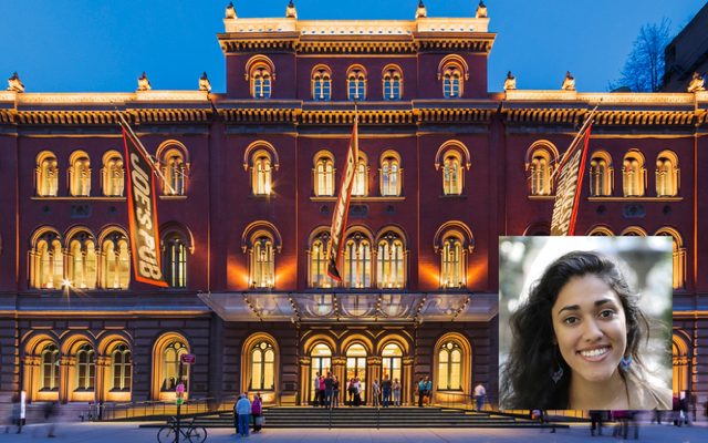 A Night at the Public Theater Outside facade of The Public Theater in NYC at dusk with inset photo of Yuvika Tolani