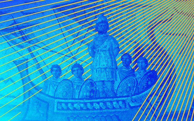 Mosaic of Odysseus tied to the mast of his ship.