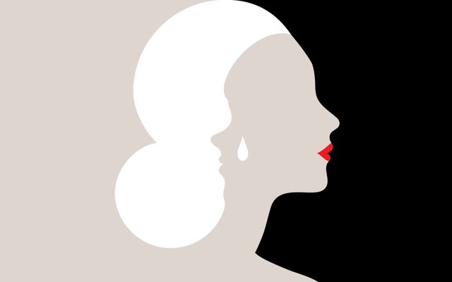 A gray silhouette with white hair overlaps a black background