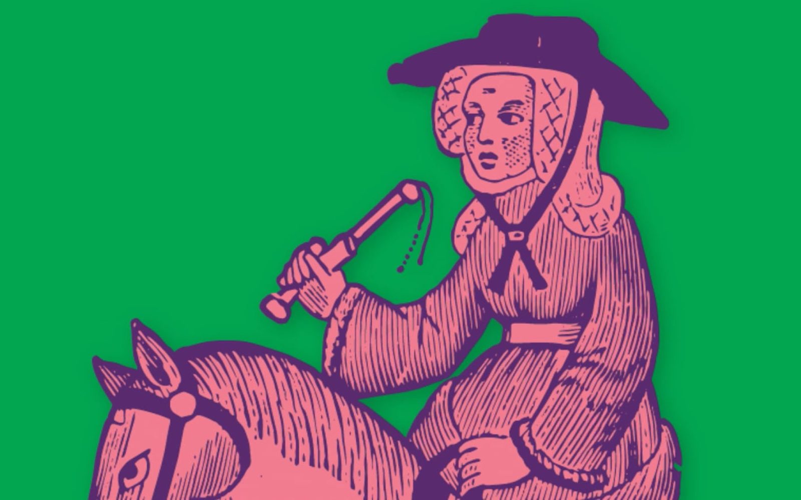 A woodcut of the Wife of Bath in purple and pink against a green background