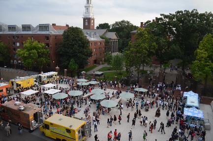 A bird's-eye view of the Science Center Plaza filled with people in line at food trucks.